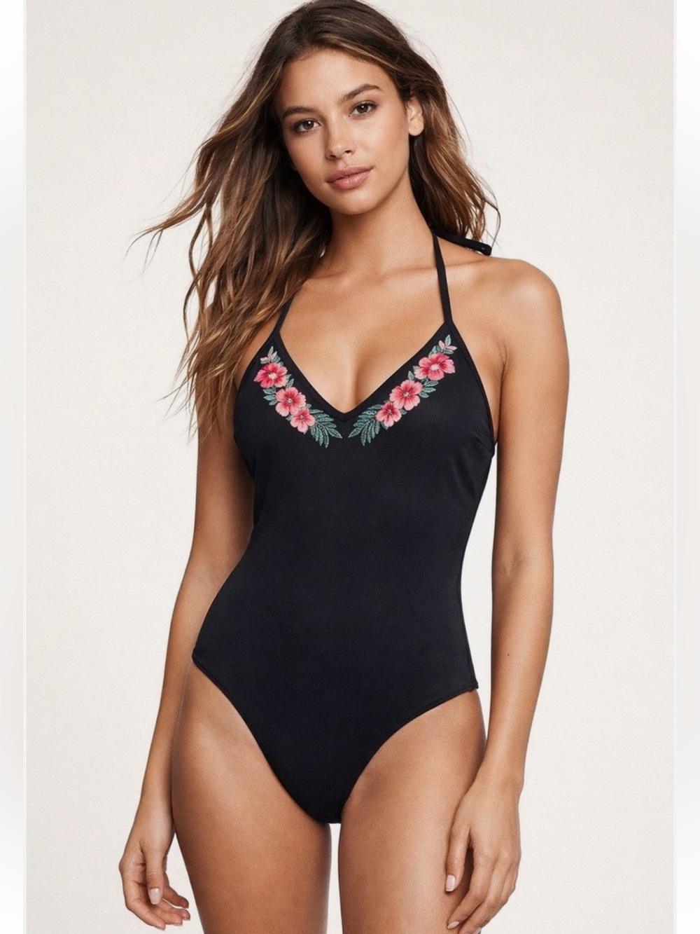 Victoria's Secret‎ PINK One Piece Swimsuit Large Black Floral Embroidery Halter